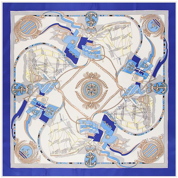 

100% twill silk scarf women square scarves wrap ocean sailboat anchor neckerchief female foulard silk hijab lady bufandas 100cm*100cm, Blue;gray
