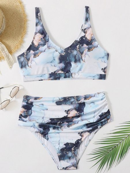 

plus abstract fluid pattern ruched bikini swimsuit t3ti#, Black