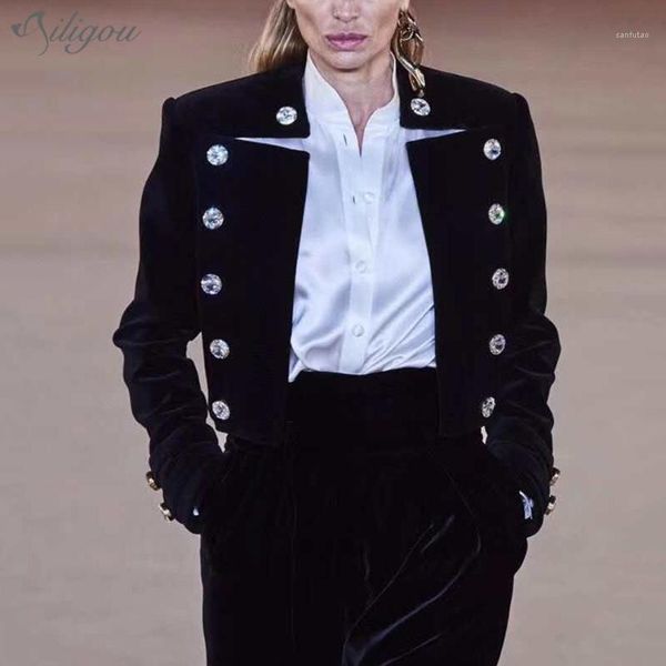 

ailigou ladies coat crystal button velvet coat jacket ladies v-neck short black velvet 2020 autumn and winter new1, Black;brown