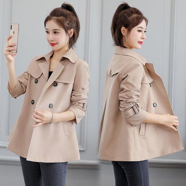

women khaki windbreaker short coat autumn new korean casual double breasted student trench coat loose fashion elegant y526, Tan;black