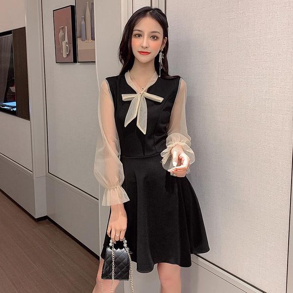 

coigarsam fashion patchwork women one-piece dress korean full sleeve mesh dresses black 19068, Black;gray