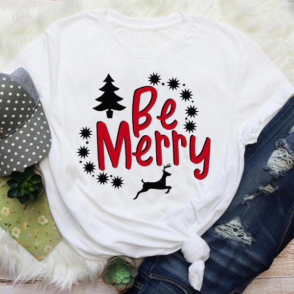 

women cartoon letters deer cute new year 90s style merry christmas graphic tees clothes print lady female t shirt t-shirt, White