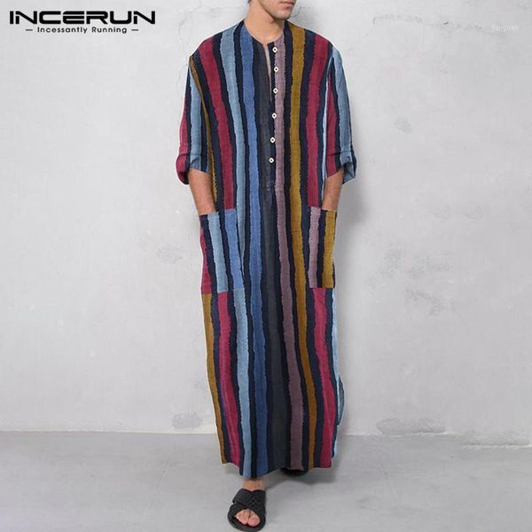 

incerun vintage striped men muslim kaftan islamic arabic jubba thobe long sleeve button casual robes men dubai abaya plus size1, Red