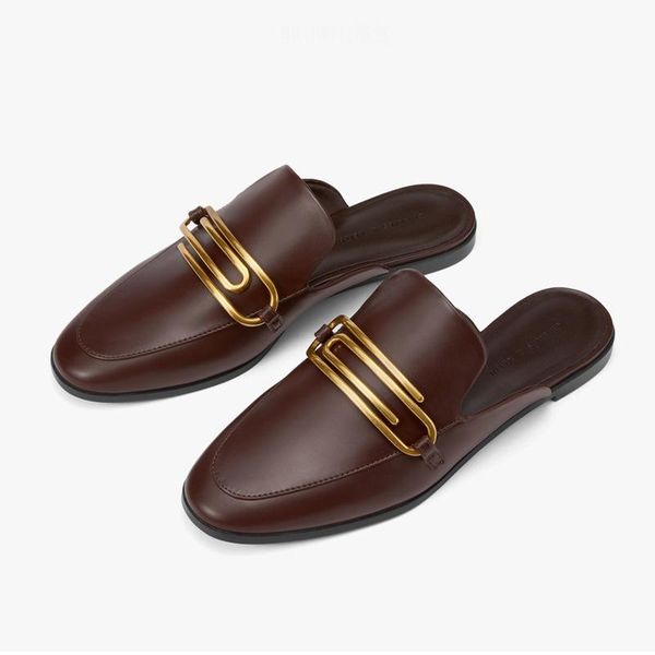 

2020 autumn new half slippers women's british style breathable slippers metal buckle flat mules shoes, Black