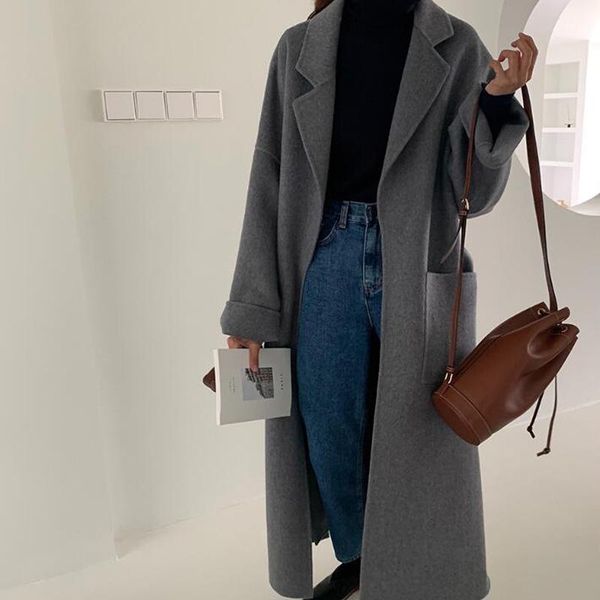 

women's wool & blends autumn and winter coat casual solid color lapel long sleeve belt decoration, Black