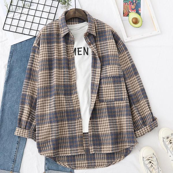 

women's blouses & shirts fashion oversized brown plaid shirt women boyfriend style thick blouse winter chic female casual loose, White