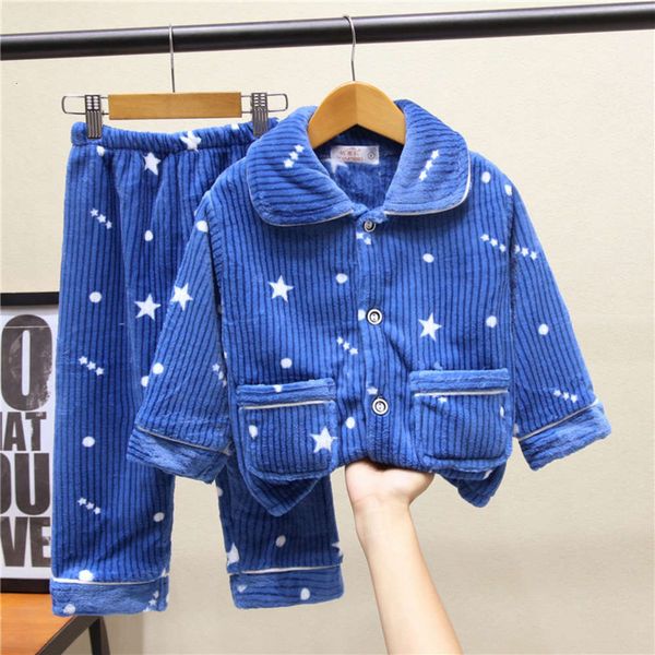 

winter autumn and boys warm girls flannel pajamas coral children's long sve home suit, Blue;red