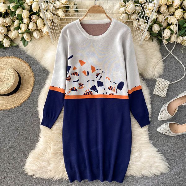 

2021 new singiny design print women's knitted crochet fashions the neck long autumn loose dressed in warm d5m4, Black;gray