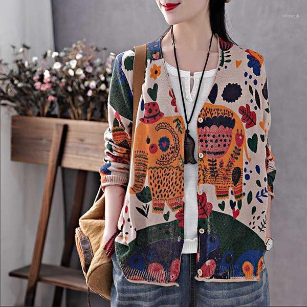 

spring elefant printed sweater women casual sweater v neck cardigan1, White