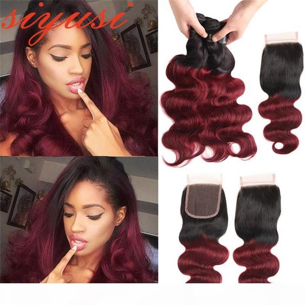 

colored peruvian virgin hair 1b 99j burgundy ombre human hair extensions with closure ombre peruvian body wave 3 bundles with lace closure, Black;brown