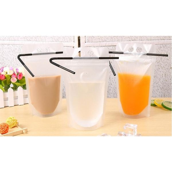 

pouches frosted 17oz bags handheld clear zipper drink stand-up drinking bag bottom gusset with plastic strawsrdmq