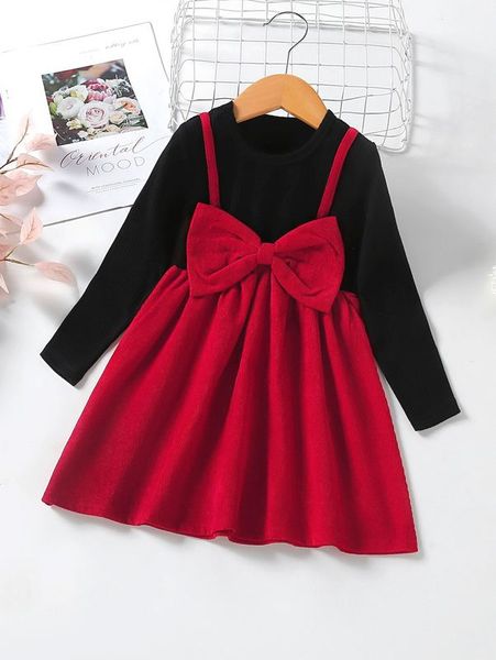 

toddler girls two tone bow front 2 in 1 dress she, Red;yellow