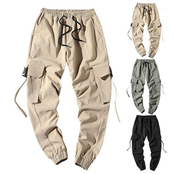 

men's pants women men's fashion autumn winter overalls hiphop style loose casual elastic rope tooling functional leggings c501, Black