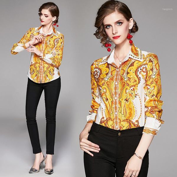 

spring summer fall runway vintage bfloral print collar button front long sleeve womens ladies party casual shirt blouse1, White