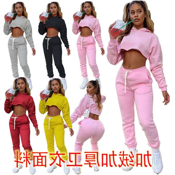 

autumn and winter women's sweater solid color two piece set plush thickening leisure sports suit, Tan;black