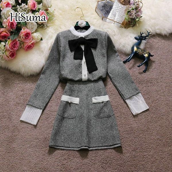 

2021 spring new female o-neck bow knitted with chiffon sweater + high waist pockets a-line skirt two-piece sets women suits1, Gray