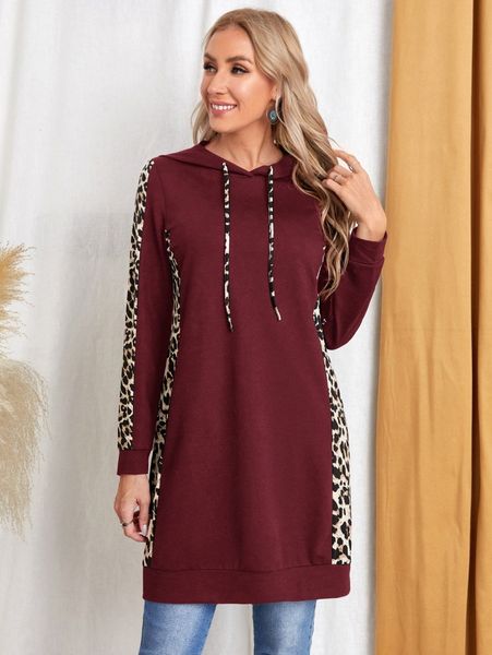 

emery rose contrast leopard panel drawstring hoodie n08g#, White;black