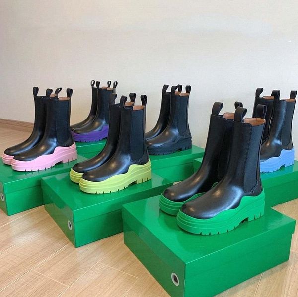

women men designer boots genuine leather ankle high chaelsea boot fashion non-slip wave colored rubber outsole elastic webbing comfort marti, Black