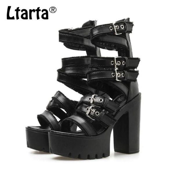 

ltarta new stage performance high heel shoes chunky heel buckle hollow tassel platform high sandals -7911-1, Black