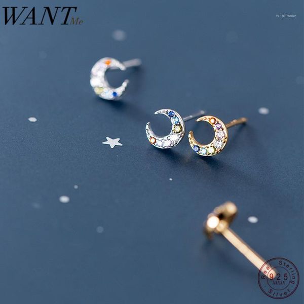 

wantme luxury multicolored mini cute moon studs earrings for women genuine 100% sterling silver accessories jewelry1, Golden;silver