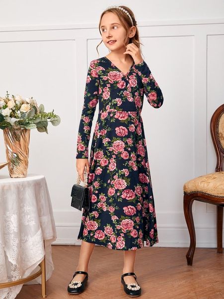 

girls floral print surplice neck dress she, Red;yellow