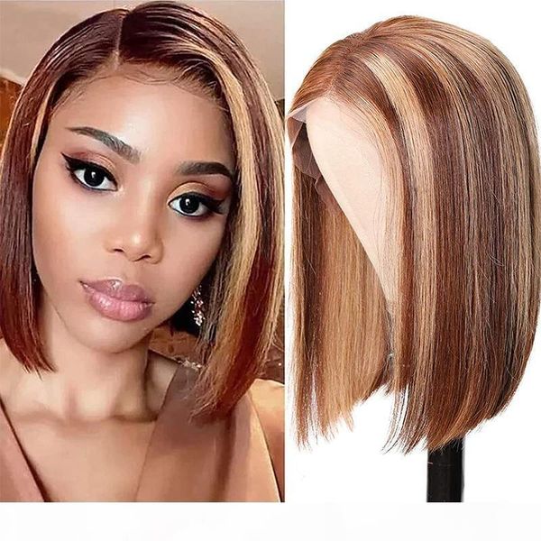 

highlight ombre 13x4 lace front short bob wigs human hair for black women brazilian remy hair brown blonde streaks straight hair, Black;brown