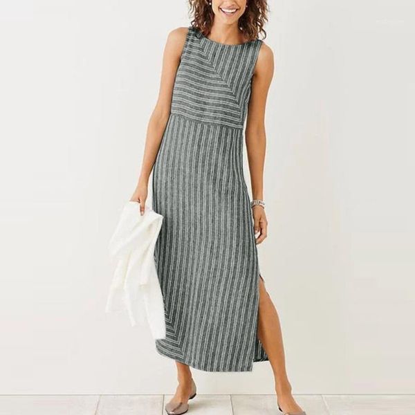 

casual dresses women striped sleeveless dress neck linen long female slim straight vestidos #251, Black;gray