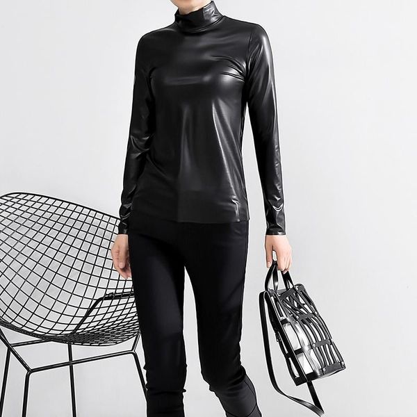 

early autumn long sleeve t-shirt women's ins trend small pu leather slim fit versatile bottoms1, White