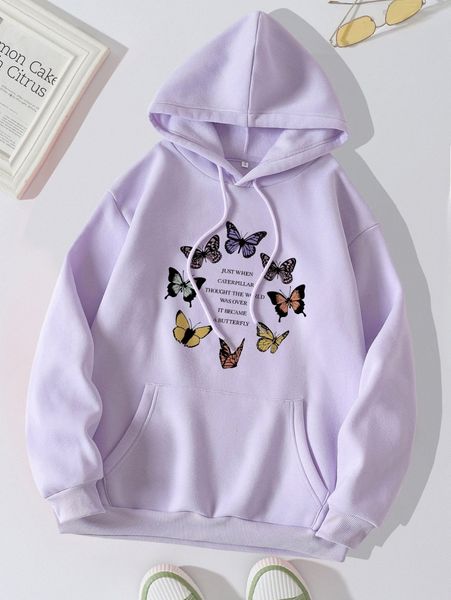 

butterfly & slogan graphic thermal lined kangaroo pocket drawstring hoodie 19vi#, White;black