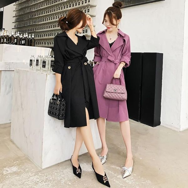 

female in long autumn windbreaker suit collar thin waist belt long sleeve coat tide1, Tan;black