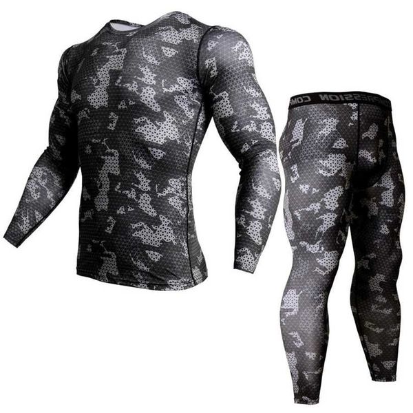 

thermal underwear rash guard kit mma compression apparel leggings men unionsuit bodybuilding t-shirt camouflage tracksuit 211220, Gray
