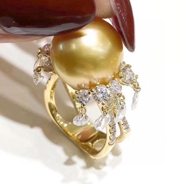 

cluster rings d719 pearl ring fine jewelry 925 sterling silver round 12-13mm fresh water golden pearls for women presents, Golden;silver