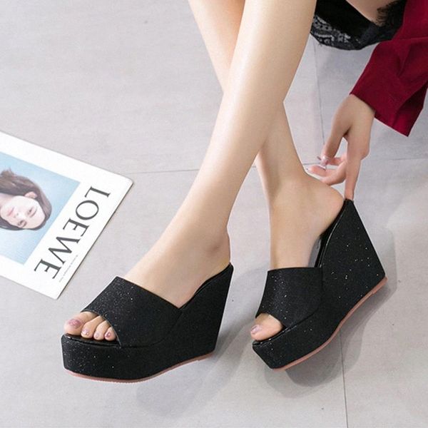 

2020 women wedge platform slippers women's casual slides bling peep toe black gold color footwear female fashion high heel shoes #xv8w
