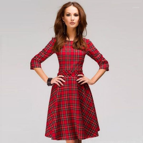 

scottish plaid slim dress three quarter sleeve o-neck a-line dress printed vintage sashes ladies autumn red plaid hx11181, Black;gray