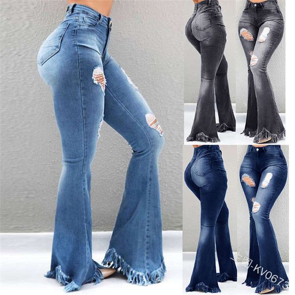 

2019 dilapidated worn white high waisted jeans with tassel and rough edge, Blue