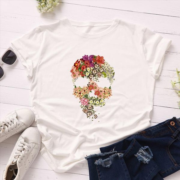 

женщины футболка 100% хлопок плюс размер с коротким рукавом цветочная печатная футболка женская винтажная футболка o шеи хараджуку топы трой, White