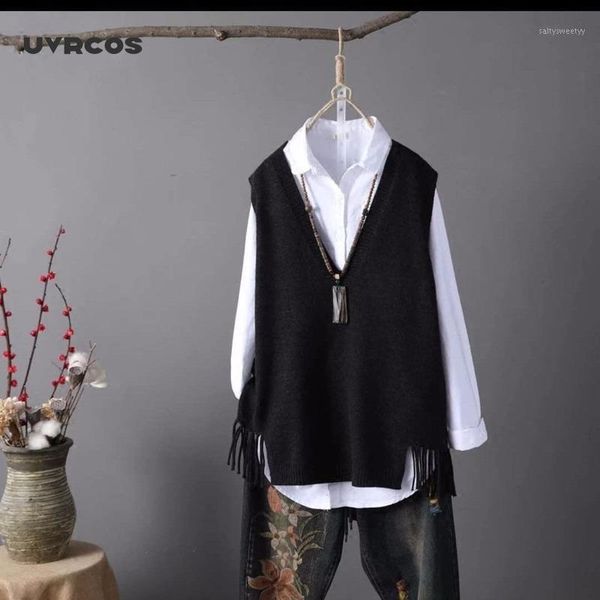 

women's vests uvrcos v-neck sweater vest women casual loose fringed student knitted halter of the wild 2021 spring jumper1, Black;white