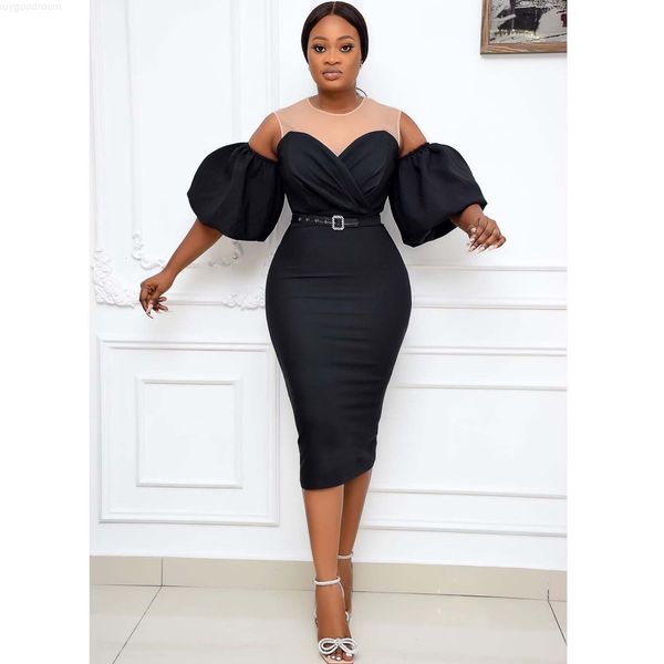 

women's color matching bubble sleeve medium length ol large dress, White