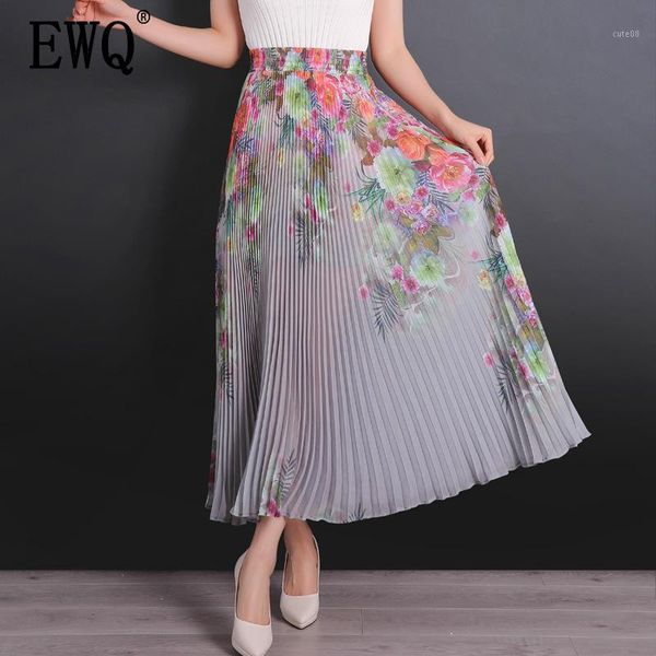 

skirts [ewq] 2021 summer fashion clothes high waist floral pleated chiffon big swing trend wild women printing skirt 6 color qh9541, Black