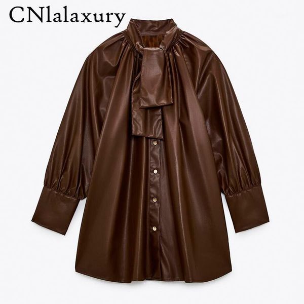 

new women 2020 fashion with bow faux leather blouses vintage high neck long sleeve blouse female shirts blusas mujer chic 1, White