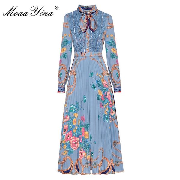 

moaayina fashion designer dress spring autumn women's dress long sleeve bow collar lace pearl print vintage dresses lj200824, Black;gray