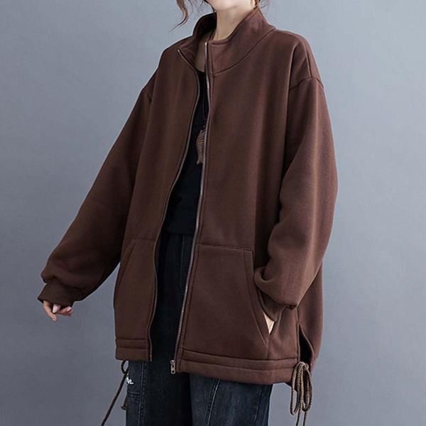 

oversize women velvet sweater coats 2021 korean vintage cotton warm long sleeve jacket loose autumn womens zipper outerwear lady, Black;brown
