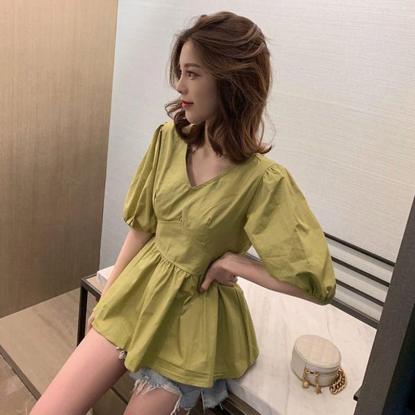 

female elegant v-neck shirt fashion women white shirts summer puff sleeve blouse