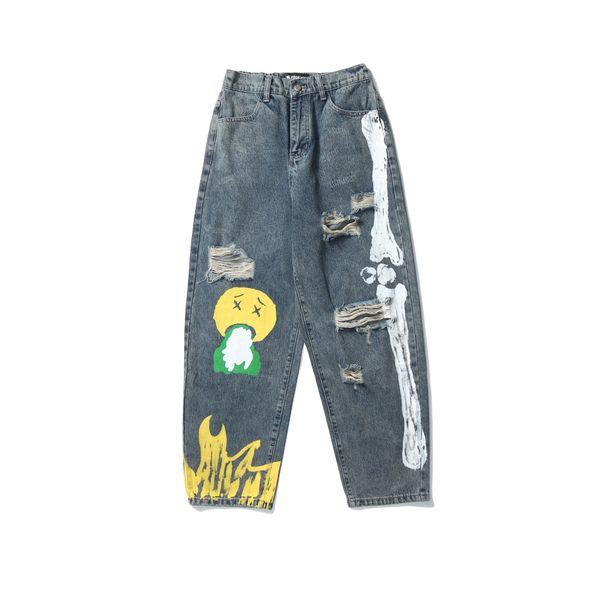 

2021 men's fashionable waistly chinese-style hand-painted high street face straight hip-hop torn jeans tx49, Blue