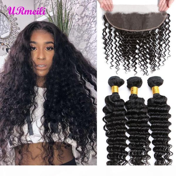 

brazilian deep wave virgin hair bundles with frontal 100% remy human hair weave bundles with 13x4 lace frontal can be dyed, Black;brown
