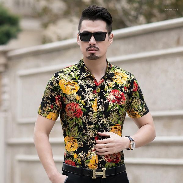 

men's casual shirts bronzing mens luxury gold clothing flowers summer men fashion 2021 hawaiian shirt short sleeve plus size club1, White;black