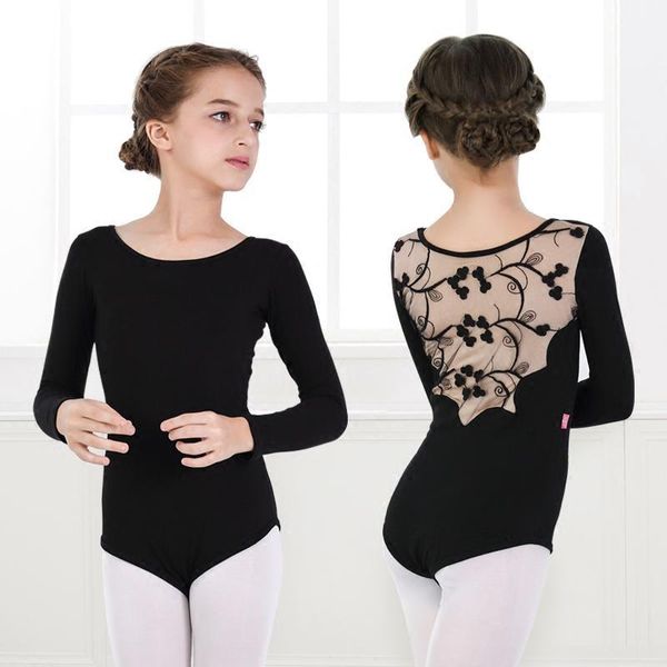 

girls ballet dress kids long sleeve leotard lace back cotton ballet leotard chiffon dance skirt leotards for girls1, Black;red