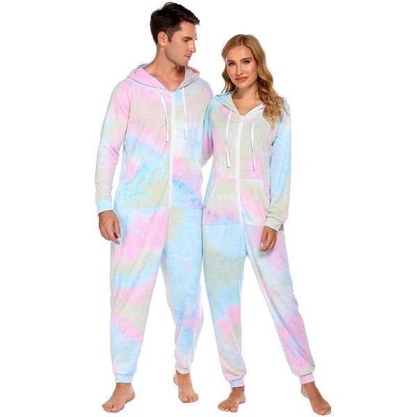 

women's sleepwear tie-dye one piece pajamas couples fuzzy long sleeve non footed suit with hoodie round collar zipper, Black;red
