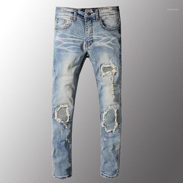 

classic men jeans luxury men's vintage blue pleated stretch denim biker jeans for moto slim skinny ripped distressed pants1
