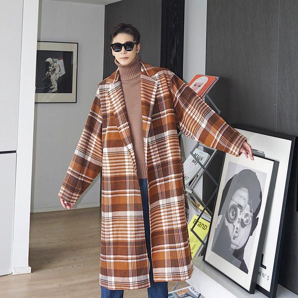 

men's wool & blends male korea streetwear windbreaker jacket overcoat men vintage plaid casual loose belt long trench coat cardigan, Black